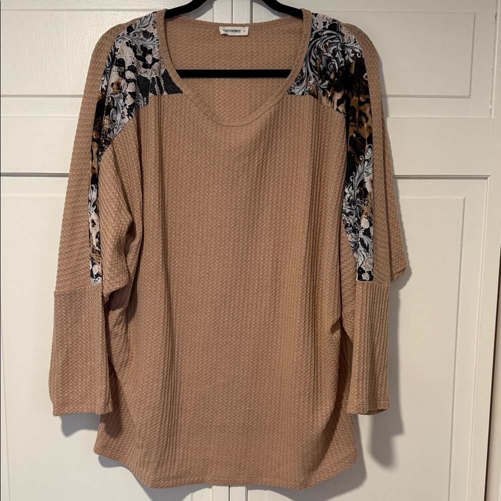 And the Why Tan Waffle Knit Women's Top w/ Animal Floral Shoulder Panels